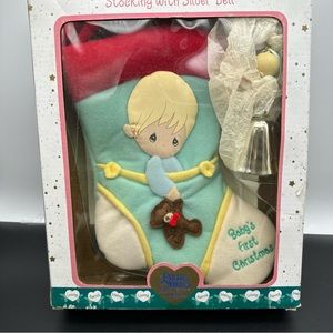 Vintage Precious Moments Stocking With Silver Bell Baby’s First Christmas